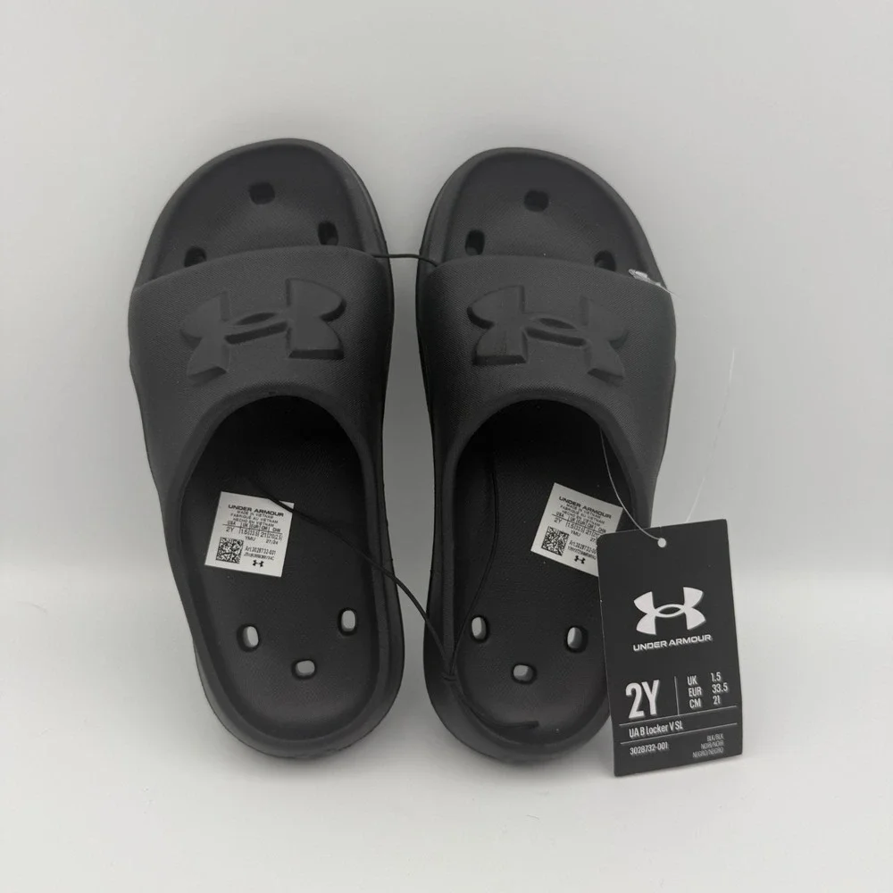 UA‎ Locker V SL Youth kids Sz 2Y Black Slide Sandals New